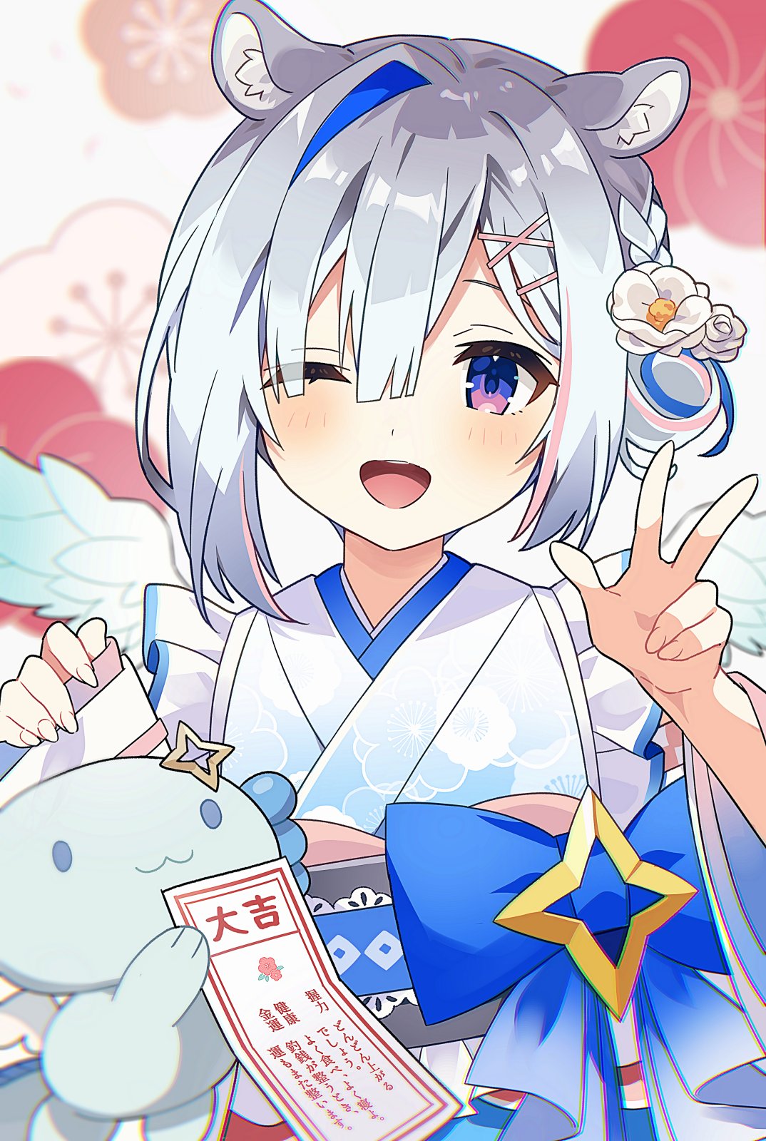 1girl, amane_kanata, amane_kanata_(new_year), axolotl, black_sash, blue_bow, blue_hair, blue_kimono