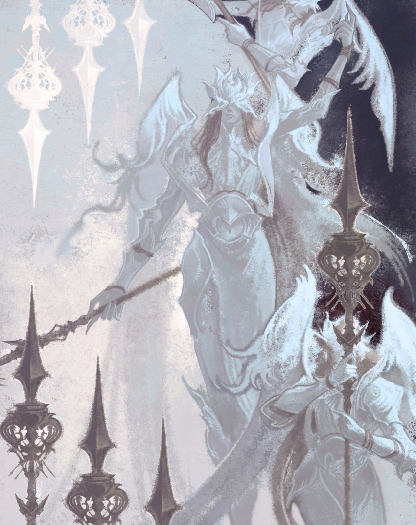 3girls, armor, blonde_hair, clothing_cutout, covered_eyes, cruentum_noctis, elden_ring, elden_ring_nightreign, flying_ribbons, halter_shirt, halterneck, helmet, helmet_over_eyes, highres, hip_armor, holding, holding_polearm, holding_weapon, limited_palette, multiple_girls, navel_cutout, ornate_armor, plunging_neckline, polearm, sarong, spear, weapon, weapon_bequeathed_harmonia_(elden_ring), white_sarong