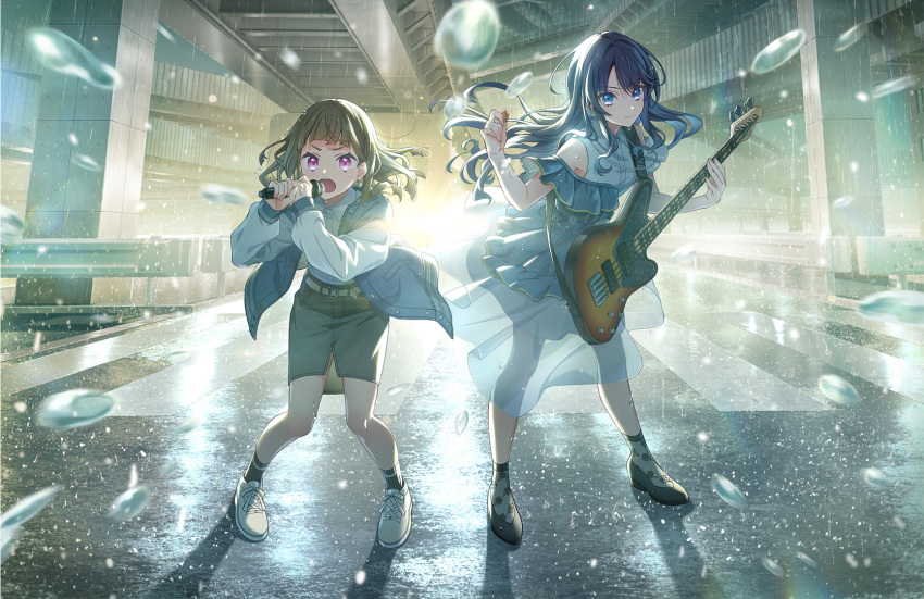2girls, bang_dream!, bang_dream!_it's_mygo!!!!!, bass_guitar, black_shoes, black_socks, blue_dress, blue_eyes