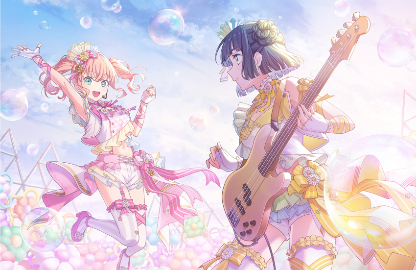 2girls, aco_(acco_0v0), arm_up, bang_dream!, bass_guitar, black_hair, blue_eyes, cerise_bouquet