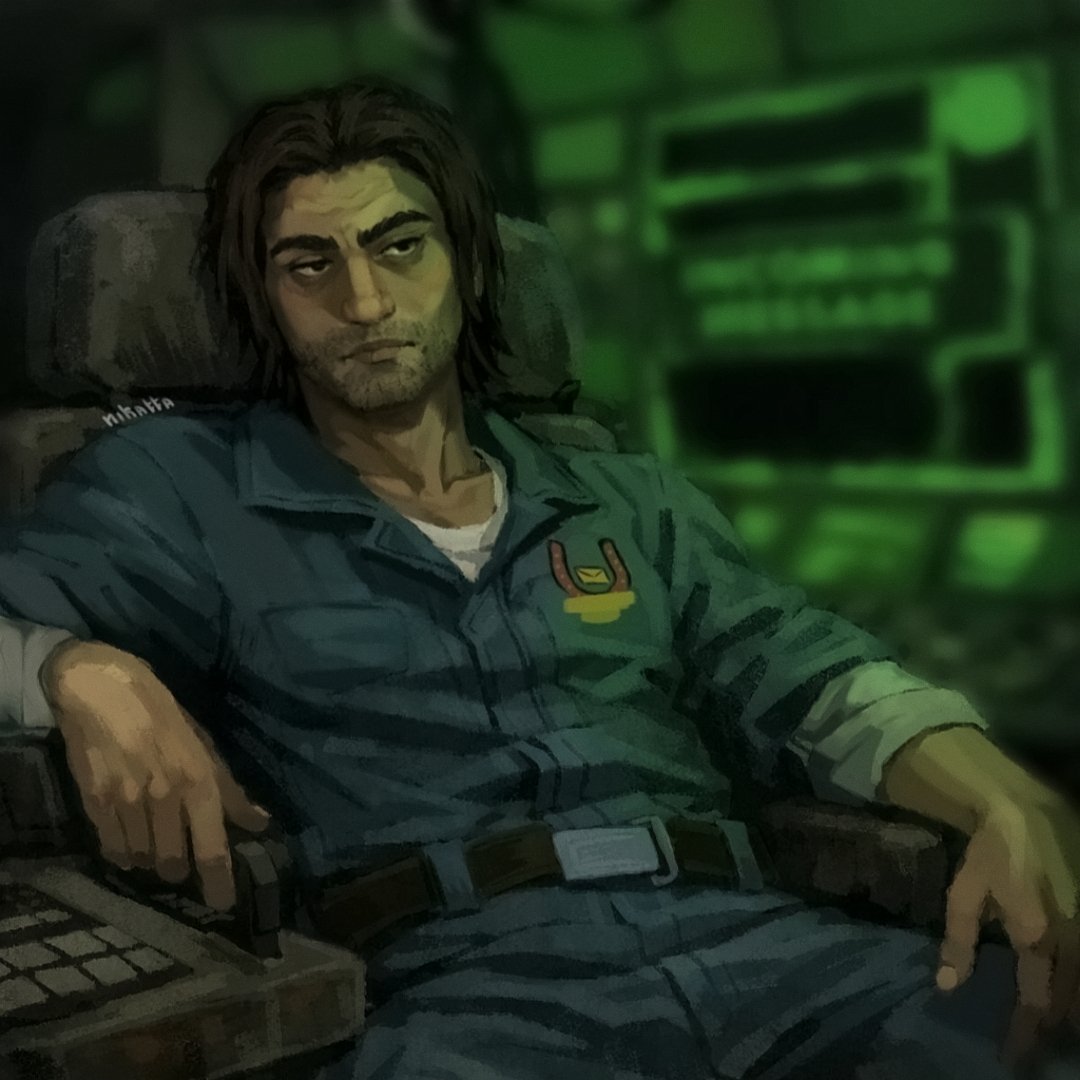 1boy, arm_rest, bags_under_eyes, beard_stubble, belt, blue_shirt, bored, brown_eyes, brown_hair, collared_shirt, commentary, cowboy_shot, english_commentary, facial_hair, head_tilt, in-universe_location, jimmy_(mouthwashing), leaning_back, male_focus, mouthwashing, mullet, pony_express_uniform, shirt, slouching, solo, stubble, undershirt, white_shirt, x_nikatta_x