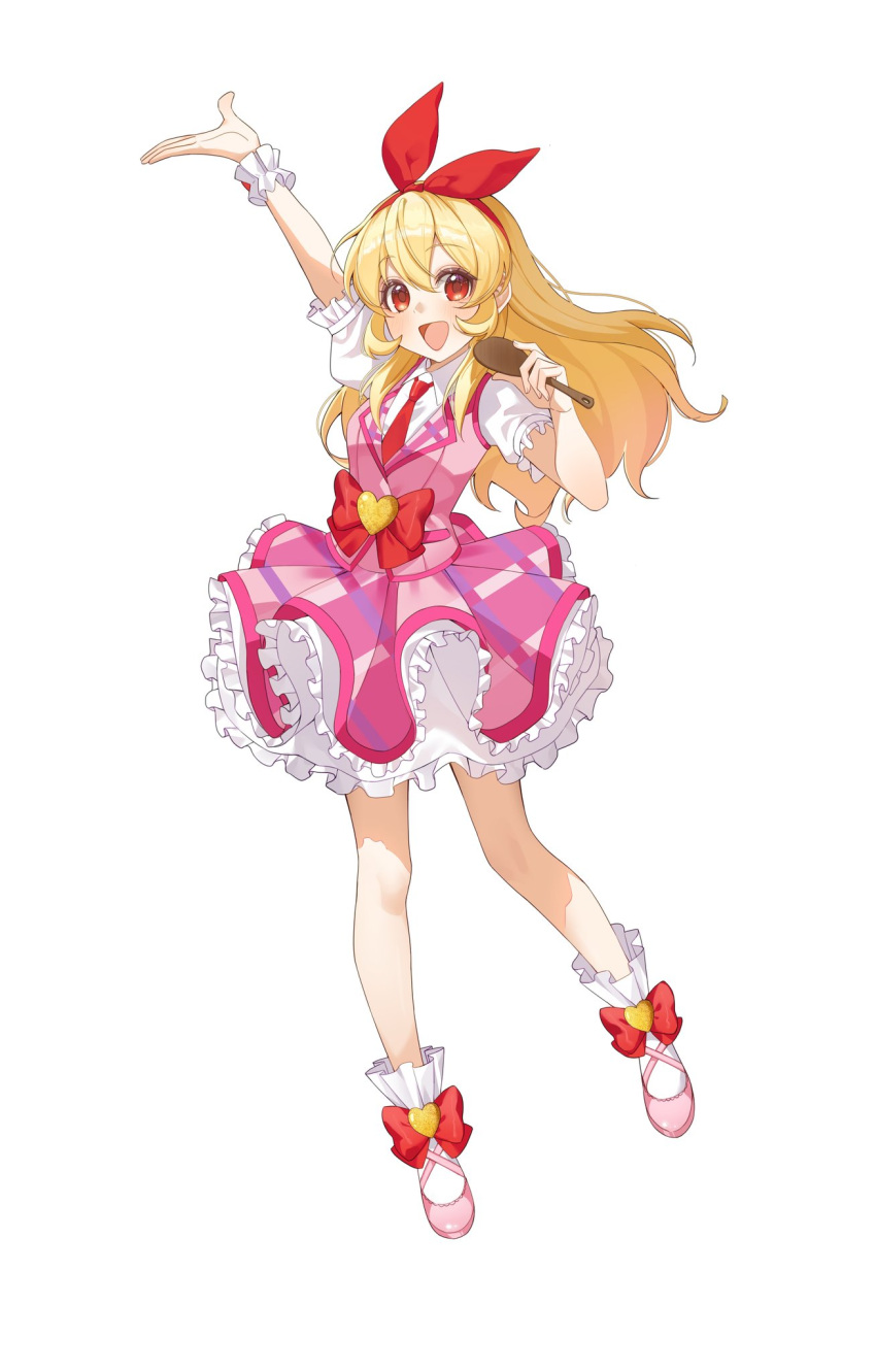 1girl, :d, aikatsu!, aikatsu!_(series), arm_up, blonde_hair, bow, collared_shirt