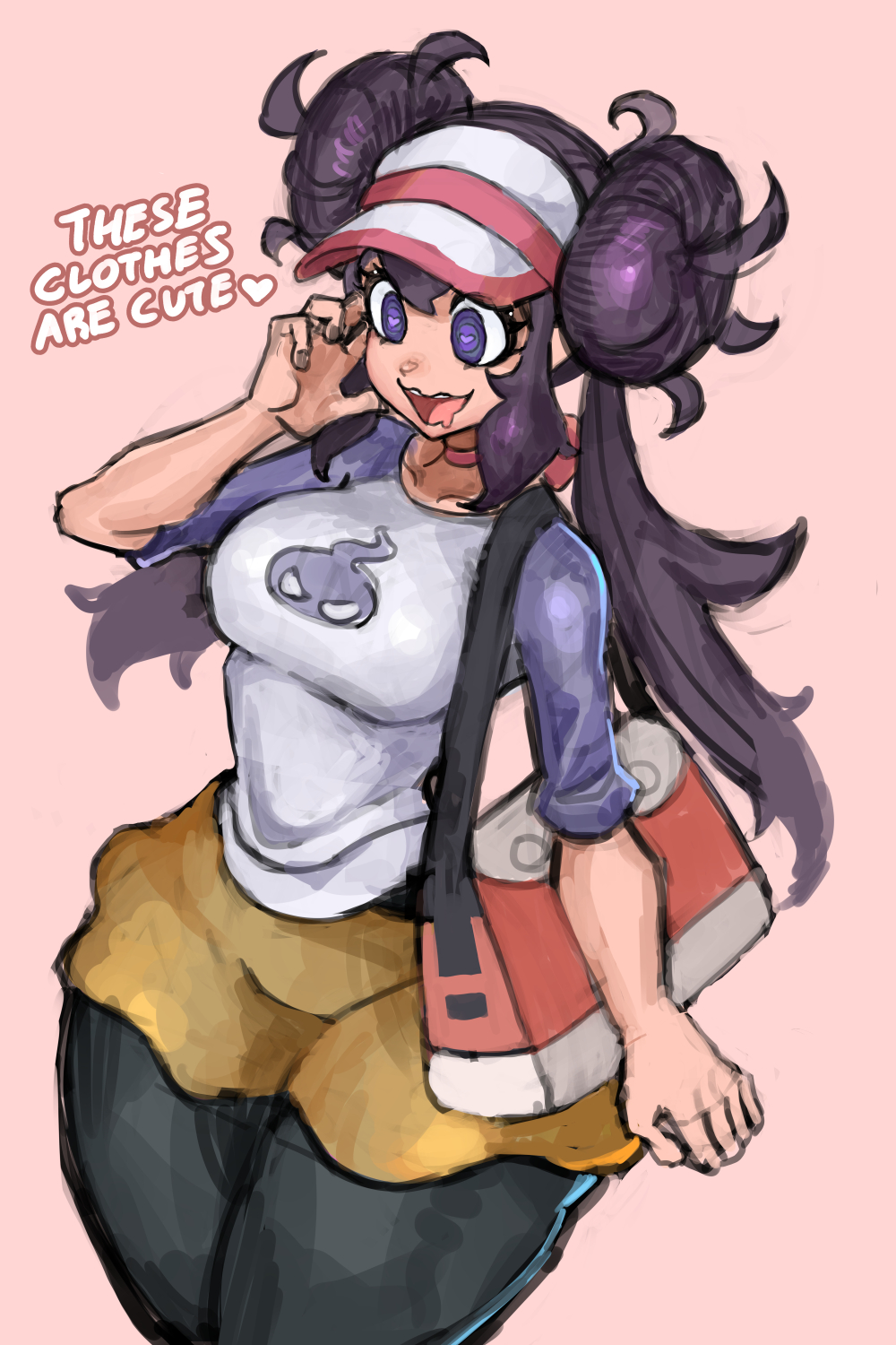 1girl, @_@, bag, bow, bow_choker, breasts, choker, cosplay, donut_hair_bun, english_commentary, english_text, hair_bun, hairband, hand_on_own_cheek, hand_on_own_face, hand_up, heart, heart-shaped_pupils, hex_maniac_(pokemon), hex_maniac_(pokemon_xy), highres, huge_breasts, long_hair, messy_hair, open_mouth, paid_reward_available, pantyhose, pantyhose_under_shorts, pink_background, pink_choker, pokemon, pokemon_xy, purple_hair, purple_hairband, raglan_sleeves, rosa_(pokemon), rosa_(pokemon)_(cosplay), saiykik, shirt, shorts, shoulder_bag, simple_background, smile, solo, symbol-shaped_pupils, three-quarter_sleeves, violet_eyes, visor_cap, wavy_mouth, yellow_shorts