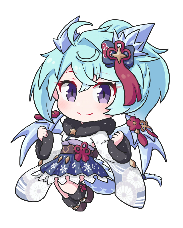1girl, ahoge, black_bow, blue_hair, blue_skirt, blush, bow, brown_sandals