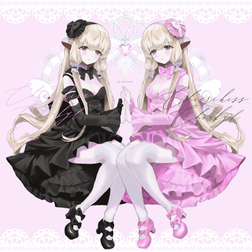 2000s_(style), 2girls, absurdres, android, bell_sleeves, black_bow, black_bowtie, black_dress