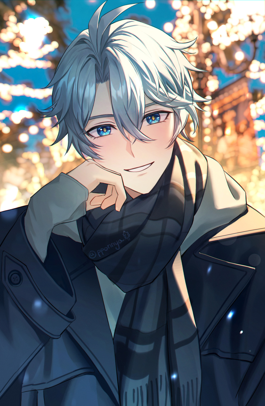 1boy, absurdres, antenna_hair, black_coat, black_scarf, blue_eyes, blurry, blurry_background