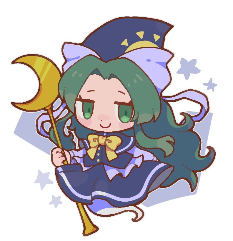 1girl, bow, bowtie, capelet, chibi, commentary_request, crescent, dress, floating, ghost_tail, green_eyes, green_hair, hat, holding, holding_staff, ikururu, long_hair, long_sleeves, mima_(touhou), ribbon, smile, solo, staff, touhou, touhou_(pc-98), white_background, witch_hat, wizard_hat, yellow_bow