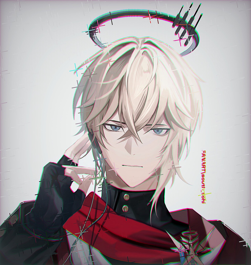 1boy, arknights, black_gloves, black_halo, blonde_hair, chromatic_aberration, closed_mouth, commentary
