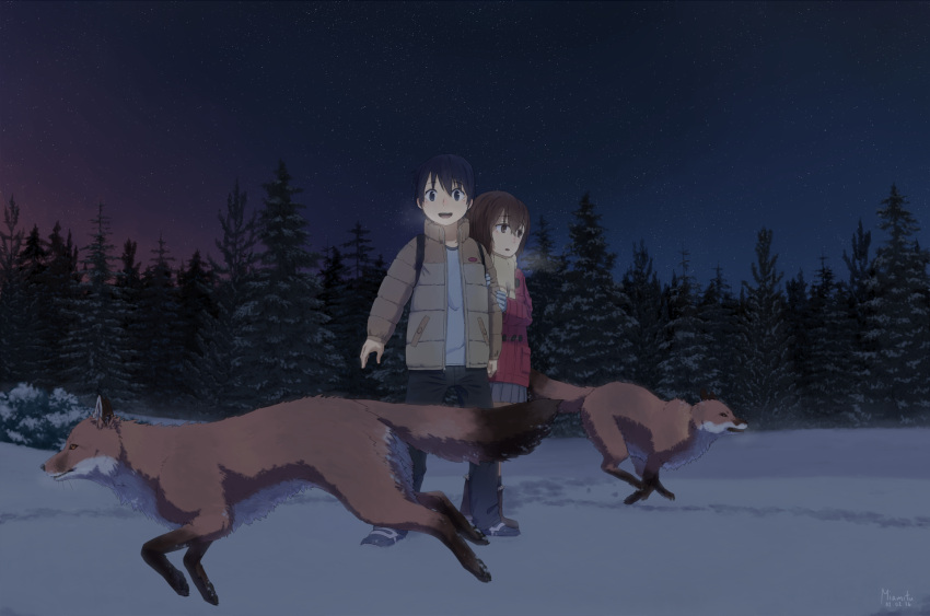 1boy, 1girl, animal, black_hair, black_pants, boku_dake_ga_inai_machi, breath, brown_coat