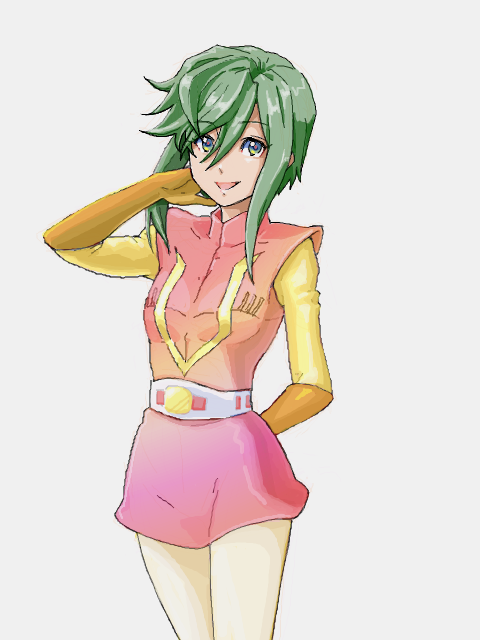 belt, combattler_v, cosplay, gloves, green_eyes, green_hair, kazama_hazuki, nanbara_chizuru, nanbara_chizuru_(cosplay), oekaki, open_mouth, pilot_suit, samurai_spirits, smile, snk, solo, tamura_(nex)