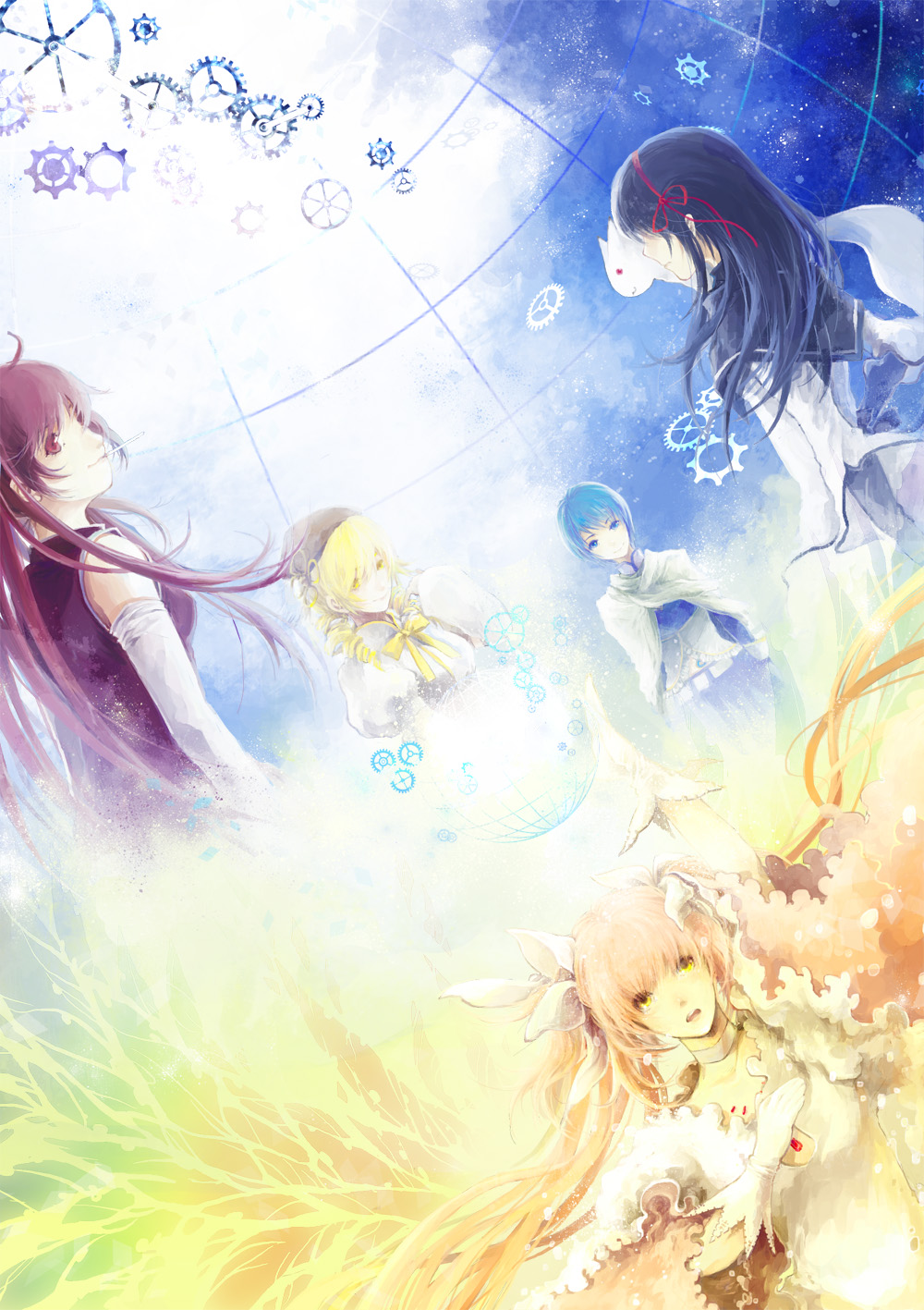aocean, bad_id, beret, black_hair, blonde_hair, blue_eyes, blue_hair, cape