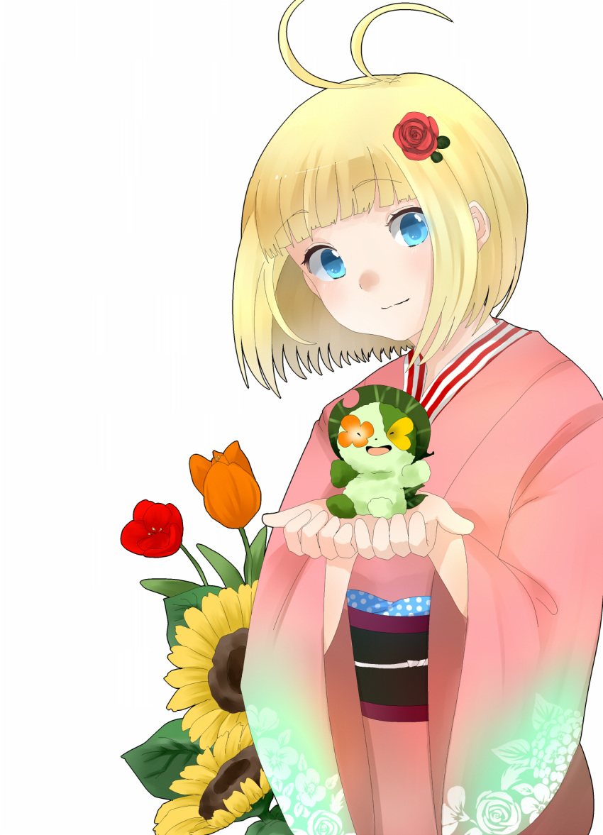 ao_no_exorcist, blonde_hair, blue_eyes, blush, demon, flower, hair_flower, hair_ornament