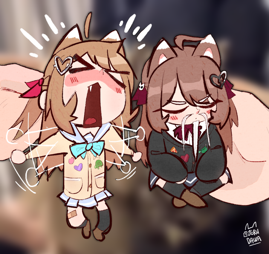 >_<, 2girls, ahoge, animal_ears, aqua_bow, aqua_bowtie, asymmetrical_legwear, bandaid
