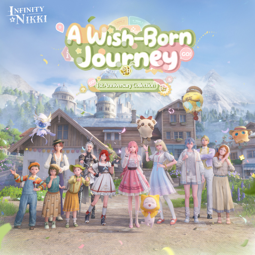 3boys, 3d, 6+girls, ^_^, aderinna_(infinity_nikki), ahoge, akasas_(infinity_nikki), album_cover