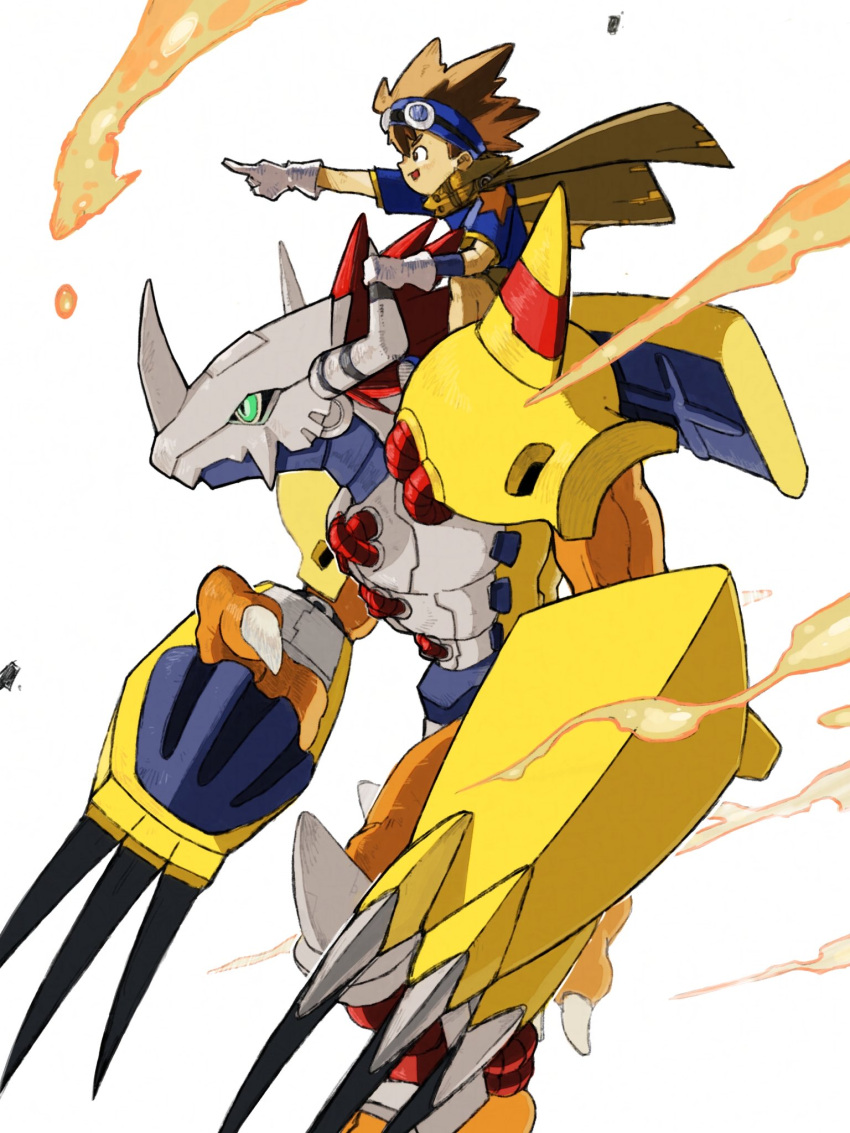 1boy, 2boys, analog_boy02, armor, blue_headband, blue_shirt, brown_cloak, brown_hair, brown_shorts, cloak, colored_skin, commentary, digimon, digimon_adventure, digimon_adventure_v-tamer_01, dragon, english_commentary, from_side, full_body, goggles, goggles_on_head, green_eyes, headband, highres, male_focus, multiple_boys, orange_skin, pointing, red_hair, riding, shirt, short_hair, shorts, wargreymon, white_background, yagami_taichi, yagami_taichi_(digimon_adventure_v-tamer_01), yellow_armor