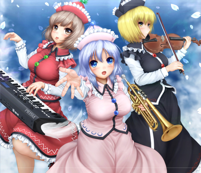 :p, blonde_hair, blue_eyes, blue_hair, blush, bow_(instrument), breasts, brown_eyes