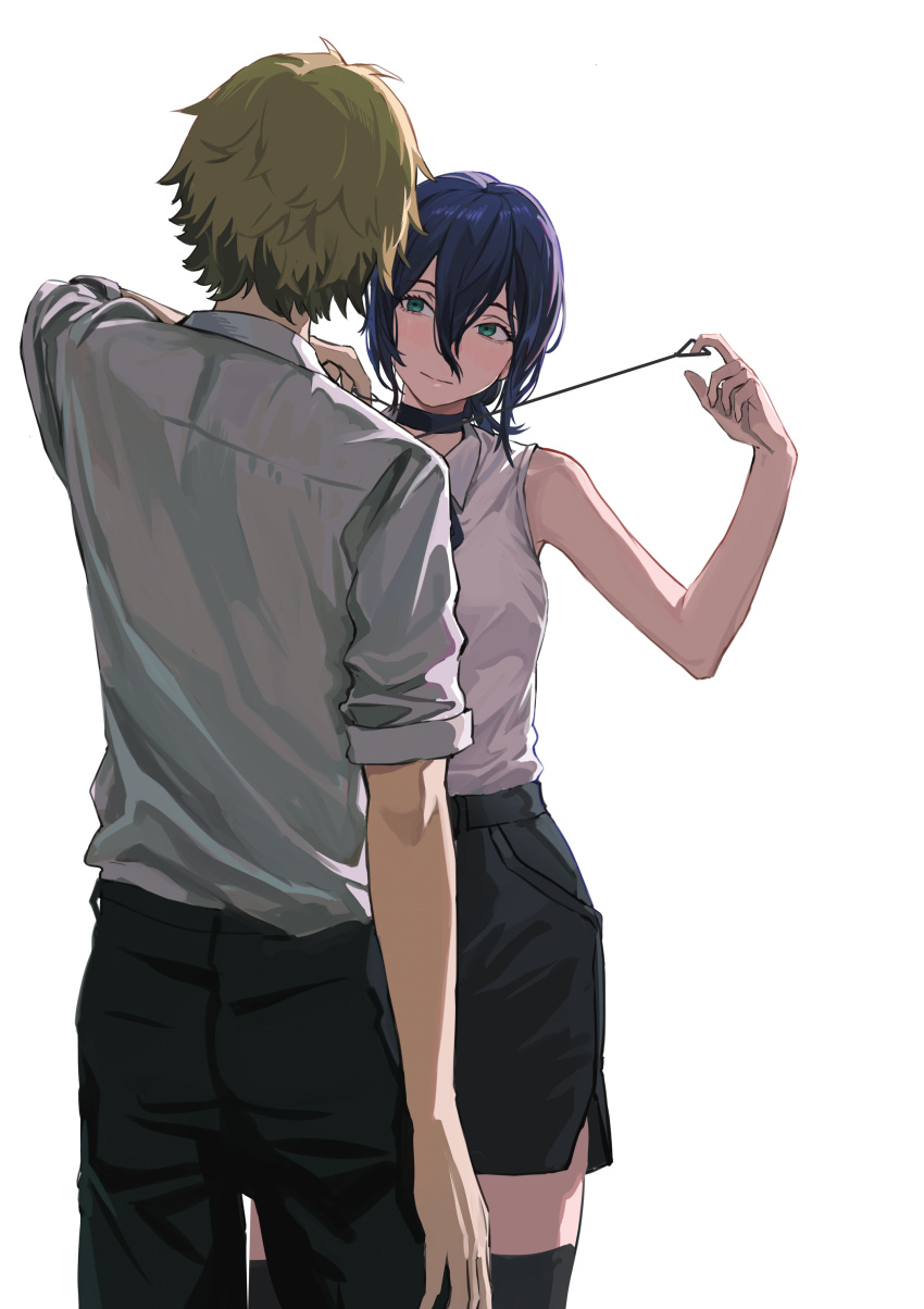 1boy, 1girl, absurdres, black_choker, black_pants, black_shorts, blonde_hair, blue_hair, chainsaw_man, choker, closed_mouth, commentary_request, cord_pull, cowboy_shot, denji_(chainsaw_man), faceoff, green_eyes, grenade_pin, grey_shirt, hair_between_eyes, highres, light_blush, looking_at_another, pants, pull_cord, reze_(chainsaw_man), shirt, shirt_tucked_in, shorts, simple_background, sleeveless, sleeveless_shirt, white_background, white_shirt, xiaomai_yorik