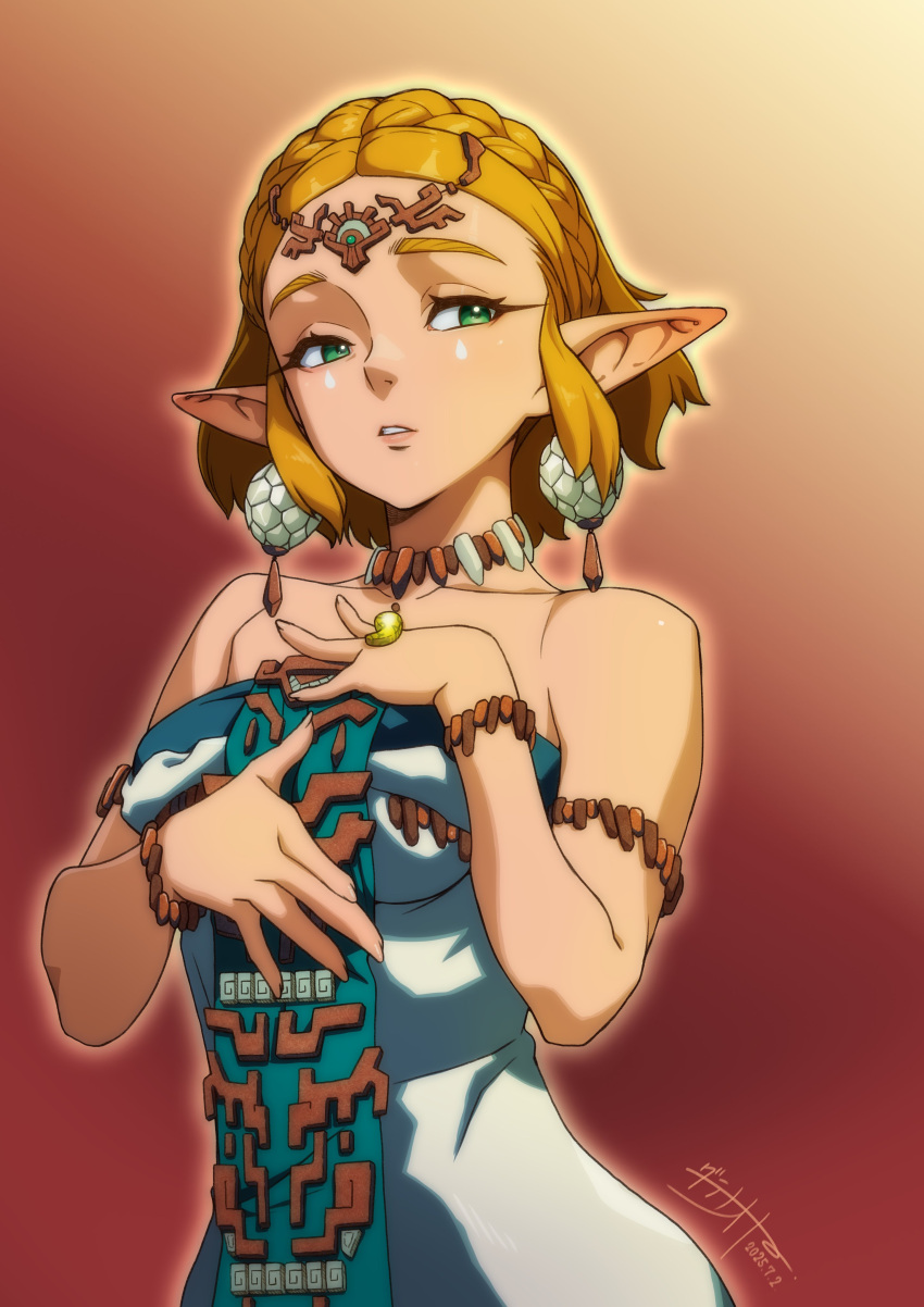 1girl, absurdres, armlet, bare_shoulders, blonde_hair, bracelet, braid, circlet