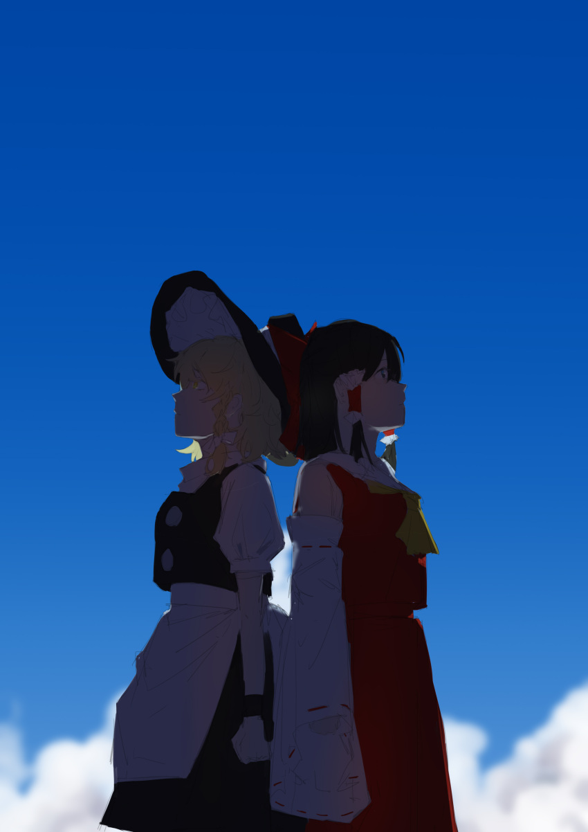 2girls, absurdres, apron, ascot, babaiwan_fengchui, black_hat, black_skirt, black_vest