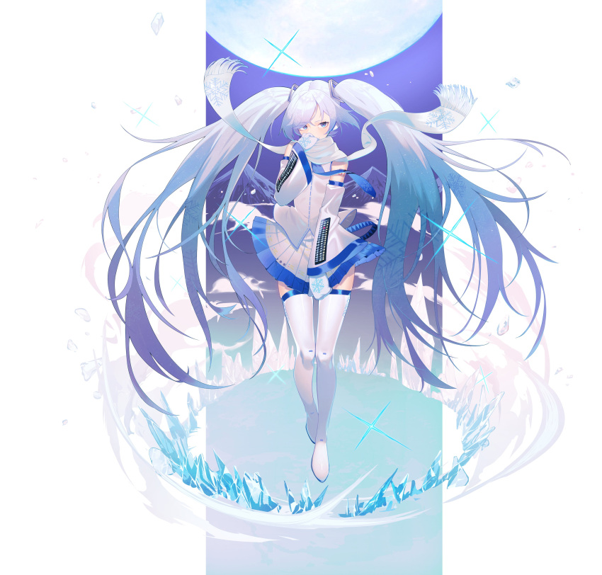 1girl, absurdly_long_hair, absurdres, blue_necktie, detached_sleeves, full_body, full_moon, gloves