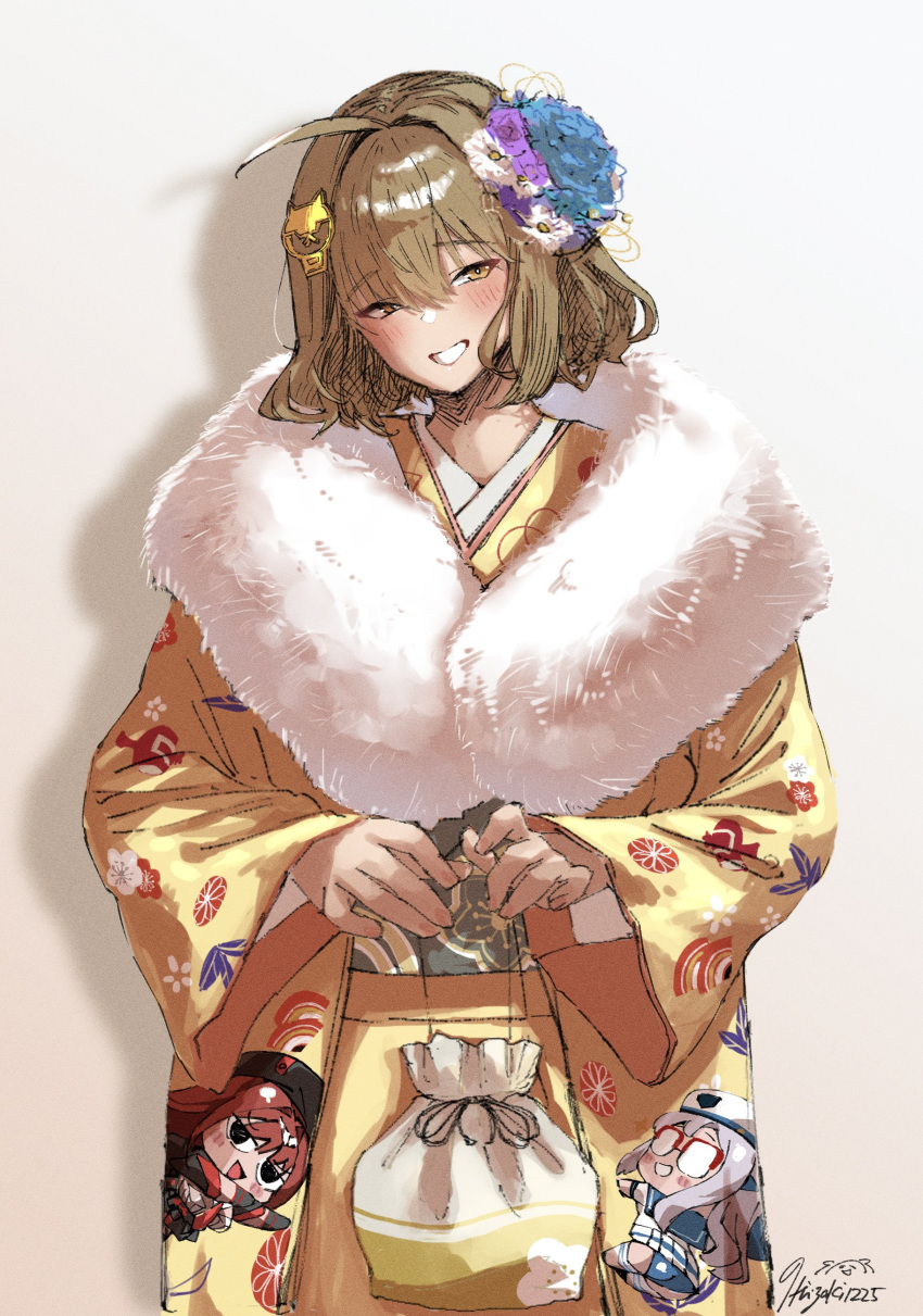 1girl, absurdres, ahoge, alternate_costume, anis_(nikke), bag, brown_eyes, brown_hair