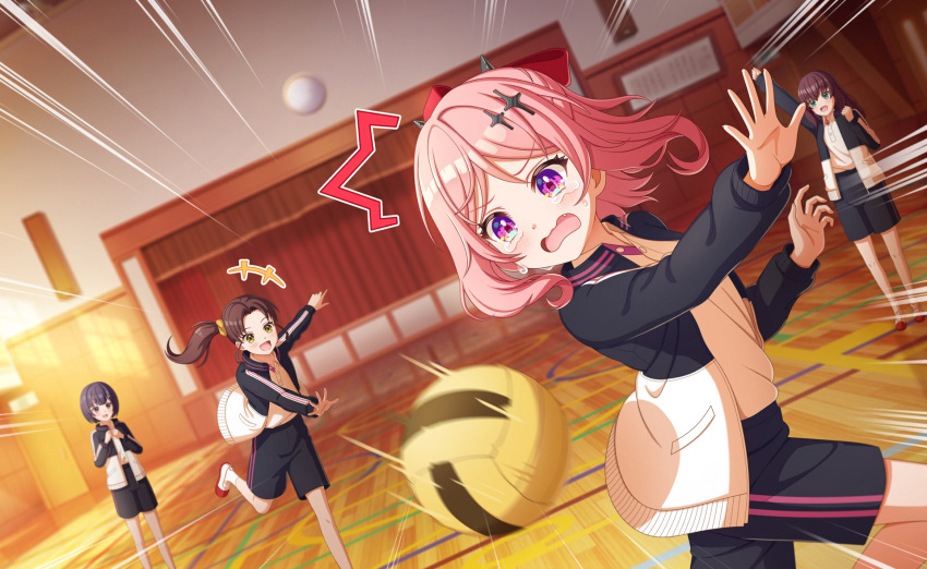 4girls, 5girls, an_(world_dai_star), ball, black_hair, black_pants, black_skirt, blush, brown_hair, ceiling_light, commentary_request, fudeshima_shigure, game_cg, green_eyes, hair_ornament, hairclip, highres, indoors, jacket, koharu_(world_dai_star), long_hair, long_sleeves, multiple_girls, official_art, open_mouth, outstretched_arms, pants, pink_hair, pleated_skirt, ponytail, riko_(world_dai_star), school, school_uniform, serafuku, shoes, short_hair, shorts, skirt, smile, sportswear, tears, third-party_source, twintails, violet_eyes, volleyball, world_dai_star, yellow_eyes