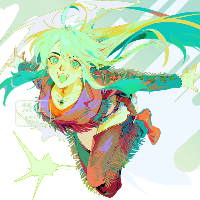 1girl, absurdres, blue_background, chaps, colored_inner_hair, commentary_request, cropped_jacket, crystal_hair, denim, denim_shorts, epaya_hakase, fate/grand_order, fate_(series), green_hair, highres, kukulkan_(fate), kukulkan_(first_ascension)_(fate), long_hair, mexican_clothes, multicolored_hair, shorts, solo, white_hair