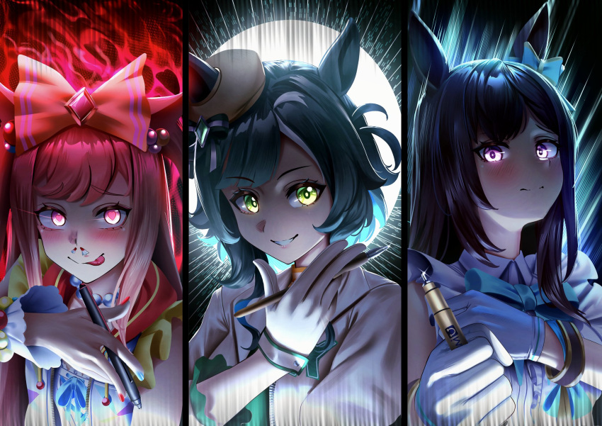 3girls, agnes_digital_(full-color_fangirling)_(umamusume), agnes_digital_(umamusume), animal_ears, aqua_bow, bead_necklace, beads, black_hair