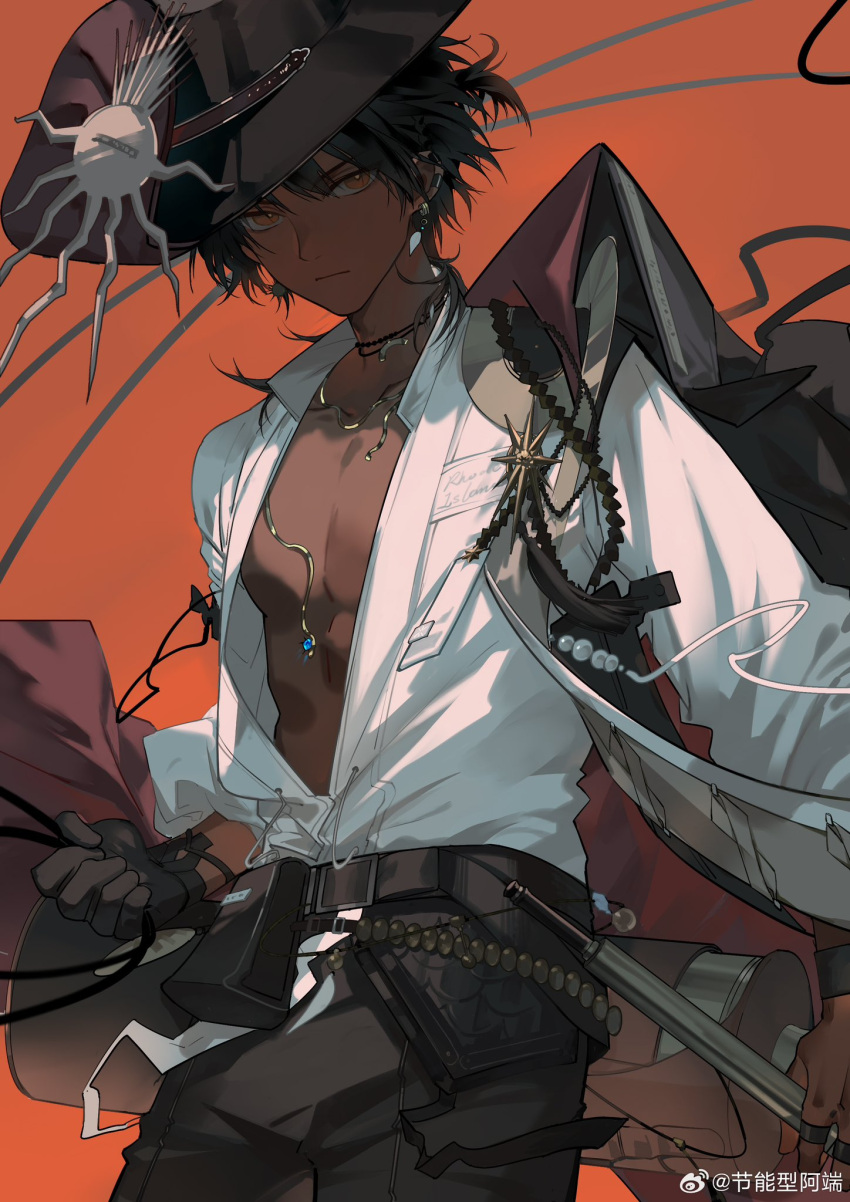 1boy, aduanduanduanduanduanduanduanduan, arknights, bare_pectorals, belt, bishounen, black_belt, black_gloves, black_hair, black_hat, black_pants, closed_mouth, collared_shirt, commentary, cowboy_shot, dark-skinned_male, dark_skin, ear_piercing, earclip, earrings, expressionless, gloves, hat, highres, holding, jacket, jewelry, long_sleeves, looking_at_viewer, male_focus, multiple_rings, necklace, open_clothes, open_shirt, orange_background, orange_eyes, pants, pectorals, piercing, red_background, ring, shirt, short_hair, simple_background, single_glove, solo, thorns_(arknights), watermark, weibo_username, weibo_watermark, white_shirt