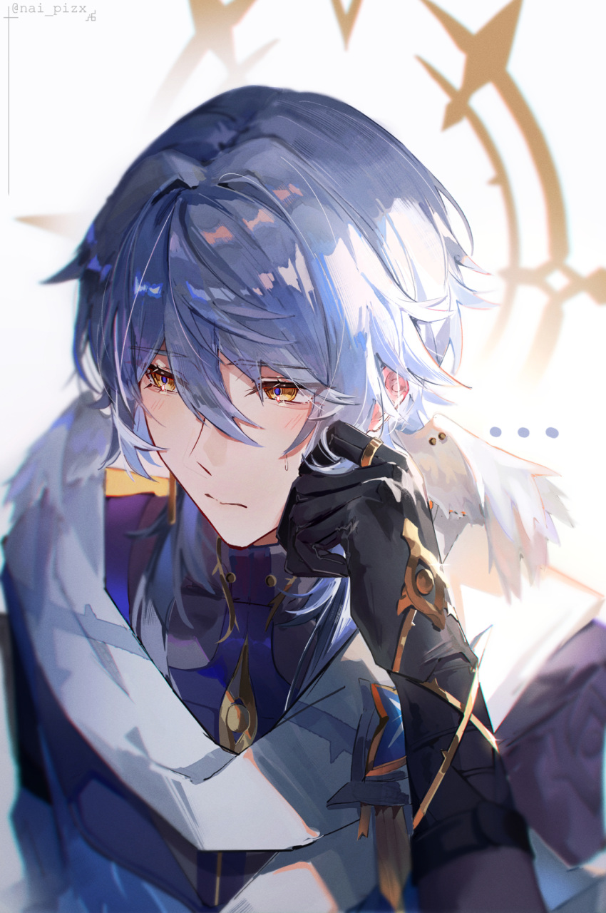 1boy, black_gloves, blue_pupils, blush, chromatic_aberration, closed_mouth, commentary_request, earrings