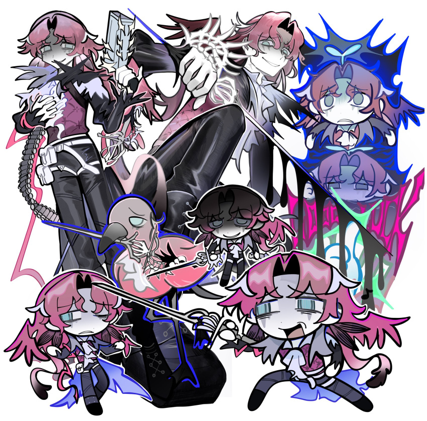 1boy, anastasio_(arknights), arknights, ascot, bird, black_jacket, black_pants, blue_eyes, chibi, colored_skin, commentary_request, empty_eyes, evil_smile, frown, full_body, gloves, grey_skin, gun, hair_wings, highres, holding, holding_gun, holding_sword, holding_weapon, jacket, long_hair, looking_at_viewer, male_focus, multicolored_hair, multiple_expressions, multiple_views, one_eye_closed, open_mouth, pants, parted_bangs, pink_hair, purple_shirt, rapier, ro0o003, shaded_face, shirt, smile, standing, sword, weapon, white_ascot, white_gloves