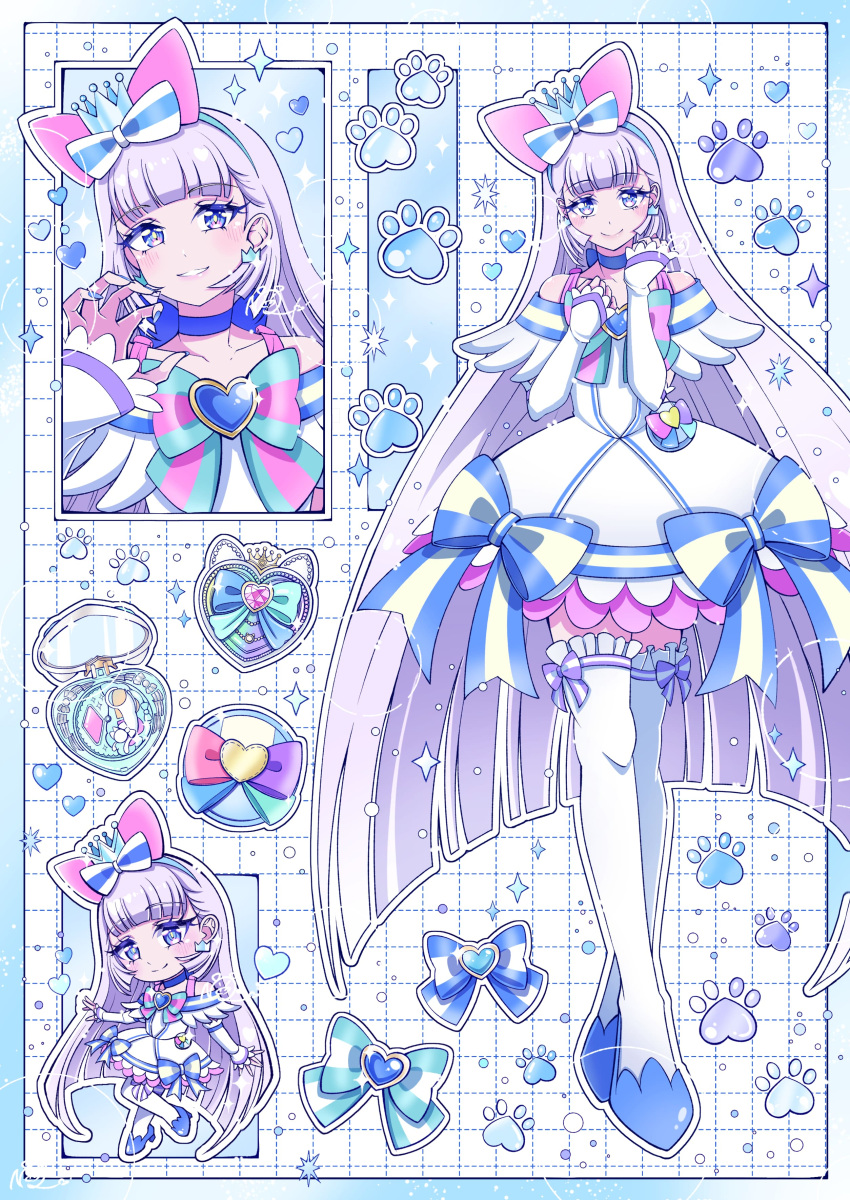 1girl, absurdres, animal_ear_hairband, animal_ears, aqua_bow, arm_warmers, bare_shoulders, blue_border