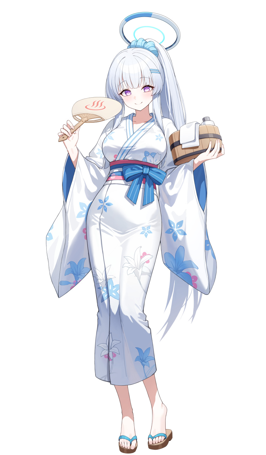 1girl, absurdres, alternate_costume, blue_archive, blush, breasts, bucket, commentary