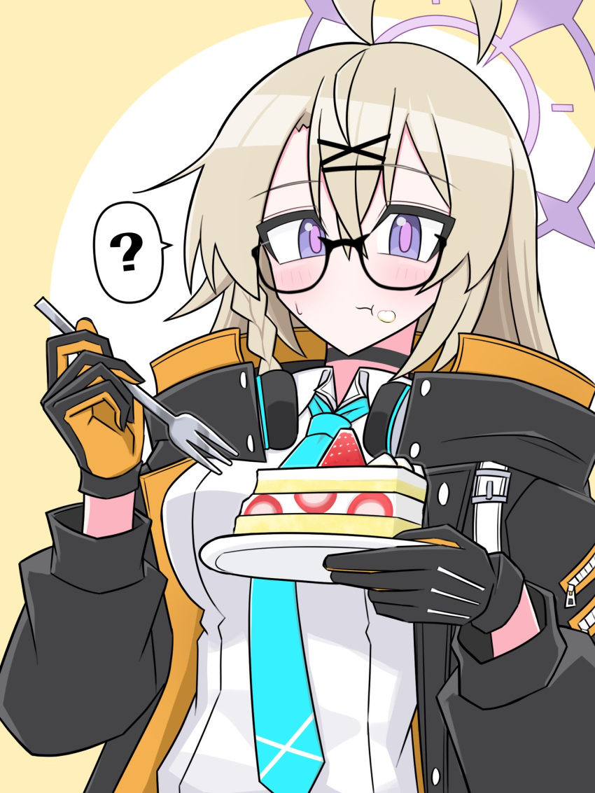 1girl, :t, ?, ahoge, birthday, black-framed_eyewear, black_gloves, black_jacket, blue_archive, blue_necktie, blush, braid, breasts, cake, cake_slice, collared_shirt, commentary_request, dress_shirt, eating, food, food_on_face, fork, glasses, gloves, hair_ornament, halo, high_collar, highres, holding, holding_fork, holding_plate, jacket, karageba, kotama_(blue_archive), long_hair, long_sleeves, looking_at_viewer, medium_breasts, multicolored_gloves, necktie, open_clothes, open_jacket, plate, purple_halo, semi-rimless_eyewear, shirt, side_braid, solo, spoken_question_mark, strawberry_shortcake, sweatdrop, two-sided_fabric, two-sided_jacket, two-tone_gloves, under-rim_eyewear, upper_body, violet_eyes, white_shirt, x_hair_ornament, yellow_background, yellow_gloves