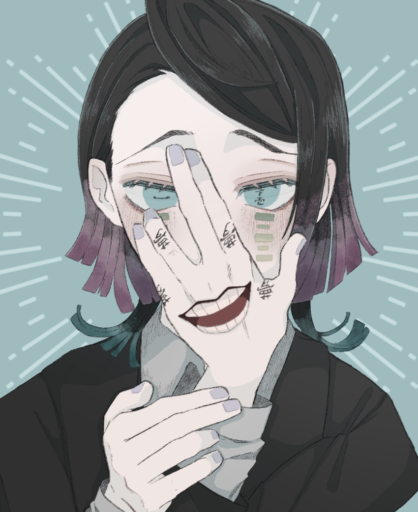1boy, asymmetrical_bangs, black_hair, black_jacket, blue_background, blush, colored_tips, demon_boy
