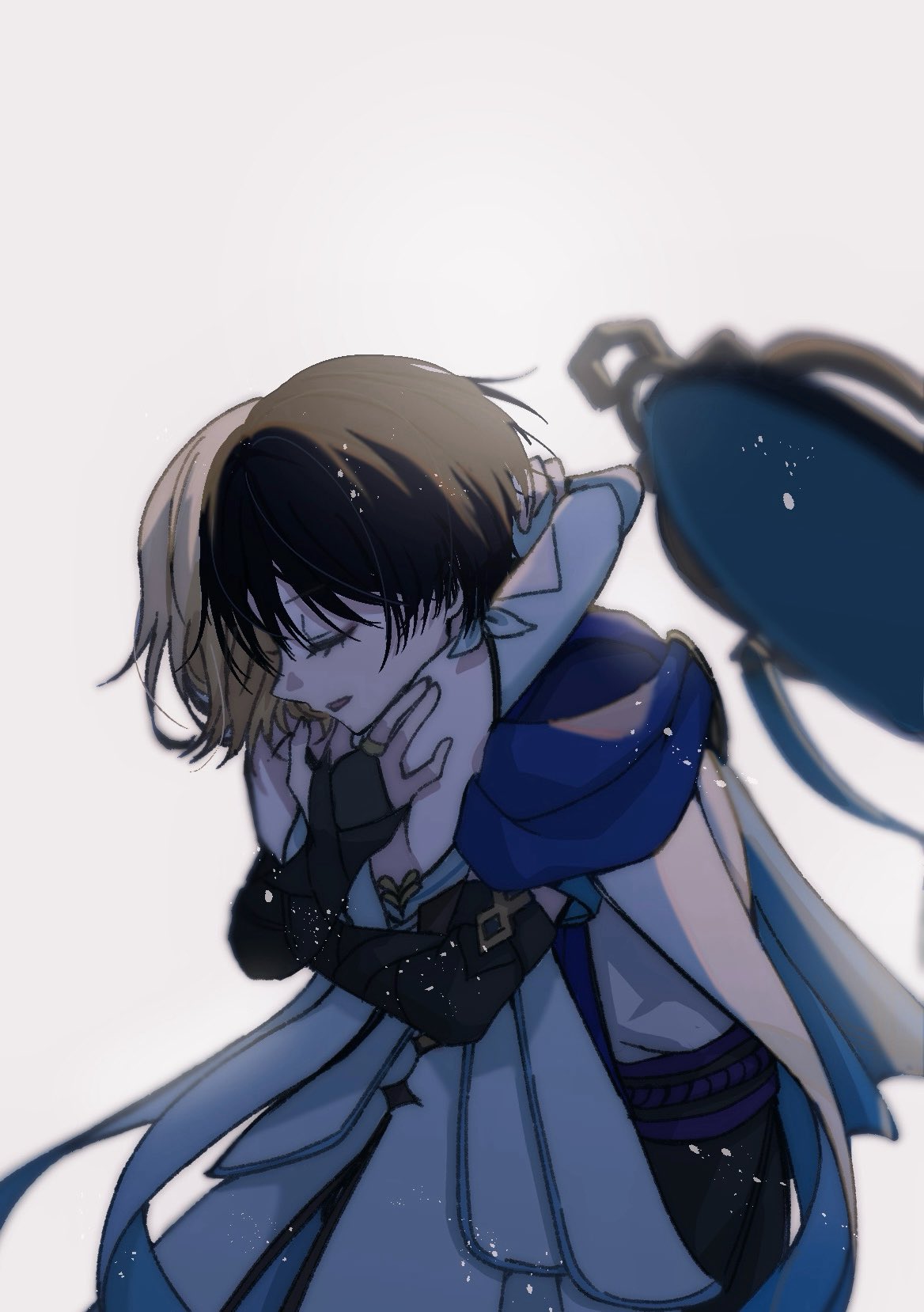 1boy, 1girl, arm_cutout, armor, arms_around_neck, belt, black_belt, black_bridal_gauntlets