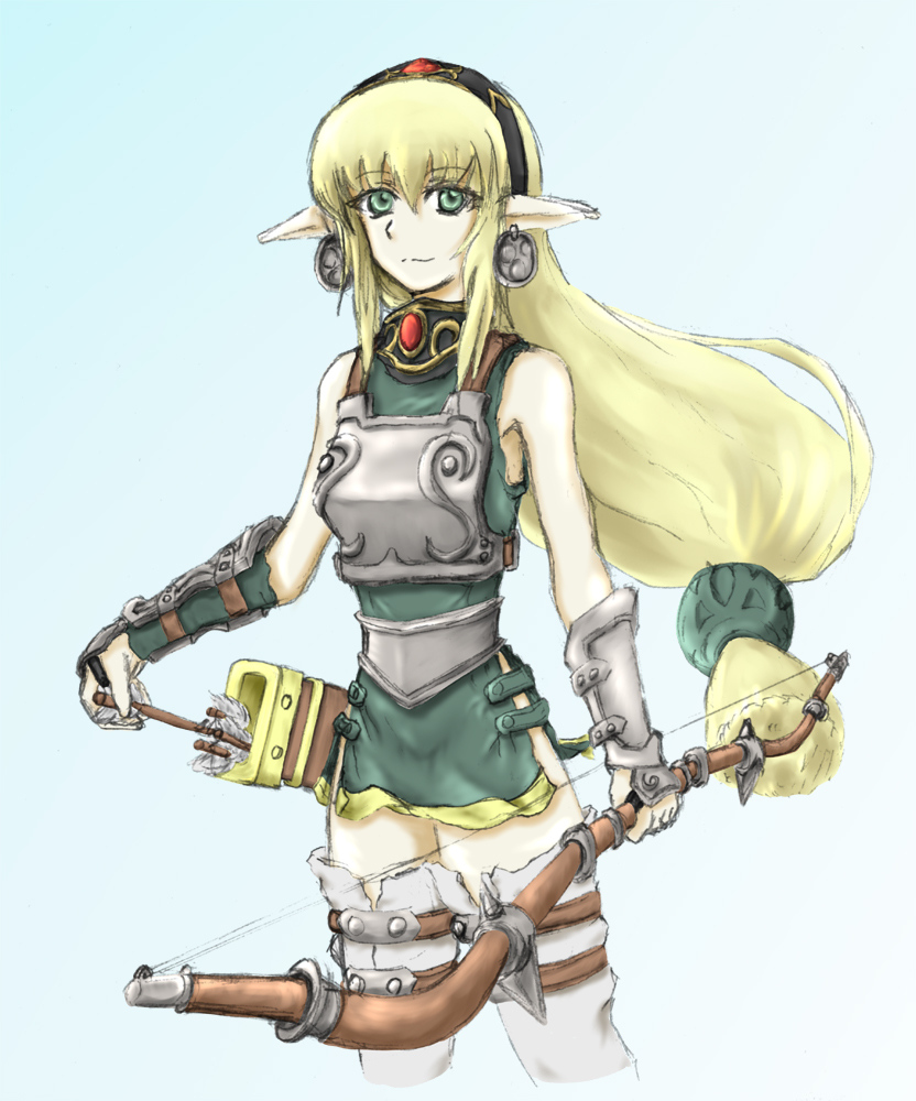 arrow, blonde_hair, bow_(weapon), bracer, breastplate, culdcept, elf, festino
