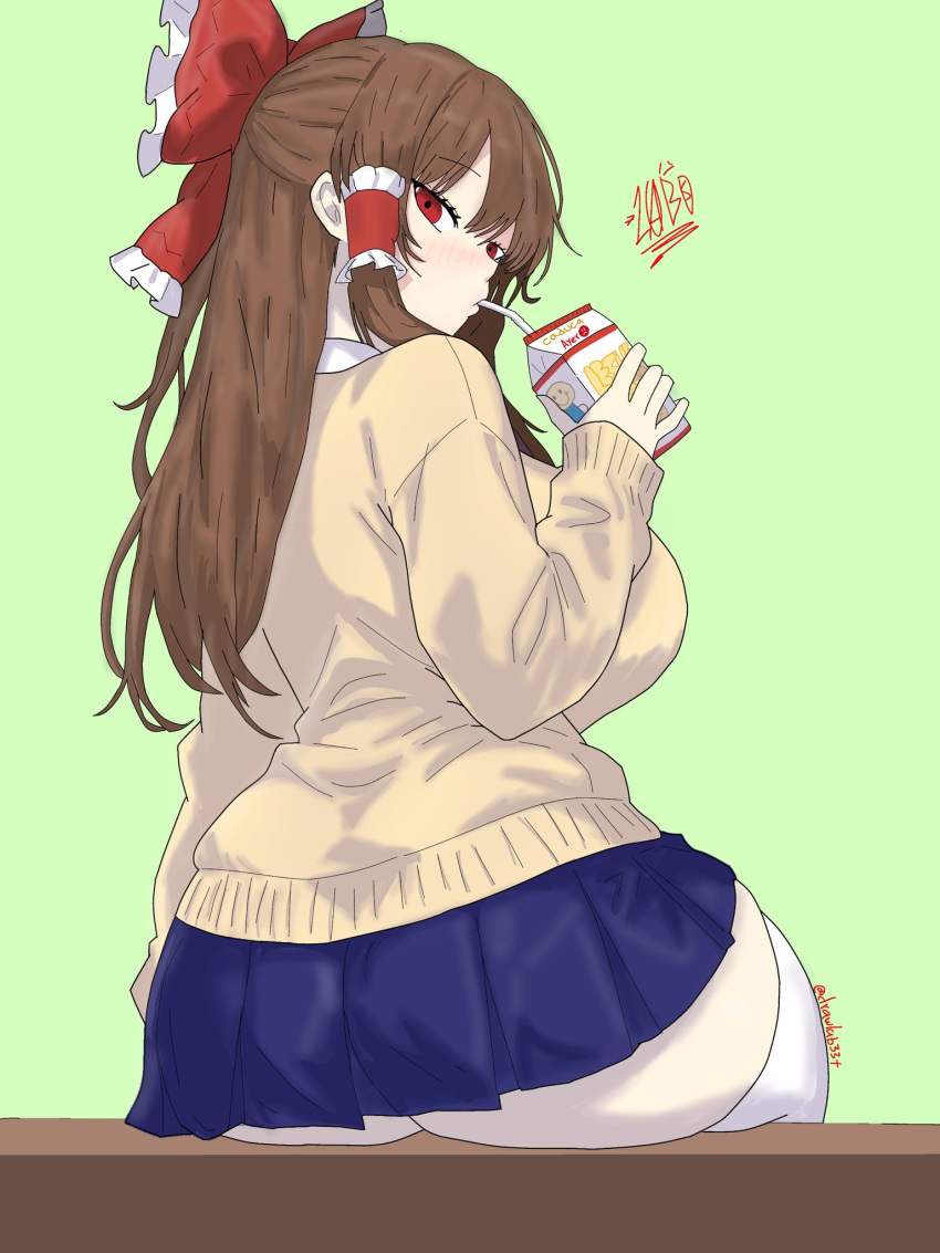 1girl, alternate_breast_size_(larger), ass, blue_skirt, blush, breasts, brown_sweater, desk