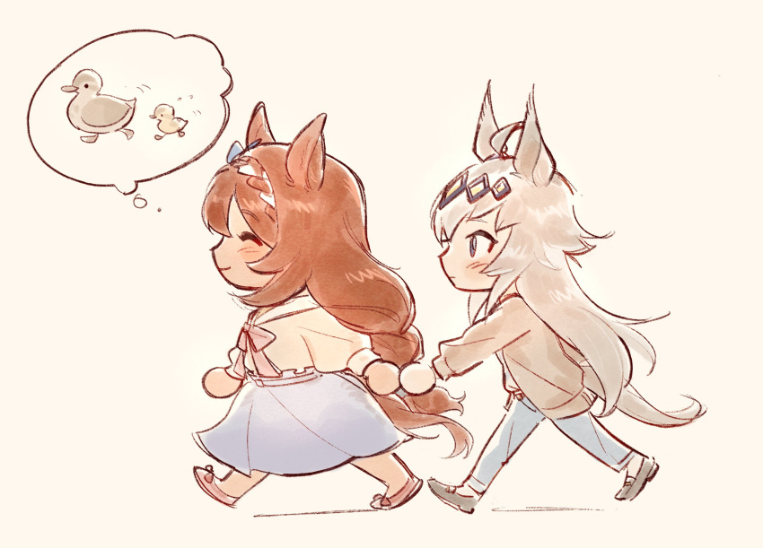 2girls, ahoge, animal_ears, baby_animal, bird, blue_eyes, blue_pants, blue_skirt, blush, bow, braid, brown_hair, brown_jacket, closed_eyes, closed_mouth, commentary, duck, duckling, english_commentary, grey_hair, hair_between_eyes, hairband, highres, holding_hands, horse_ears, horse_girl, horse_tail, jacket, long_hair, long_sleeves, multicolored_hair, multiple_girls, oguri_cap_(casual)_(umamusume), oguri_cap_(umamusume), pants, pink_bow, shirt, shoes, skirt, smile, speech_bubble, streaked_hair, super_creek_(casual)_(umamusume), super_creek_(umamusume), tail, tanukimo_imo, thought_bubble, umamusume, very_long_hair, white_hair, white_shirt