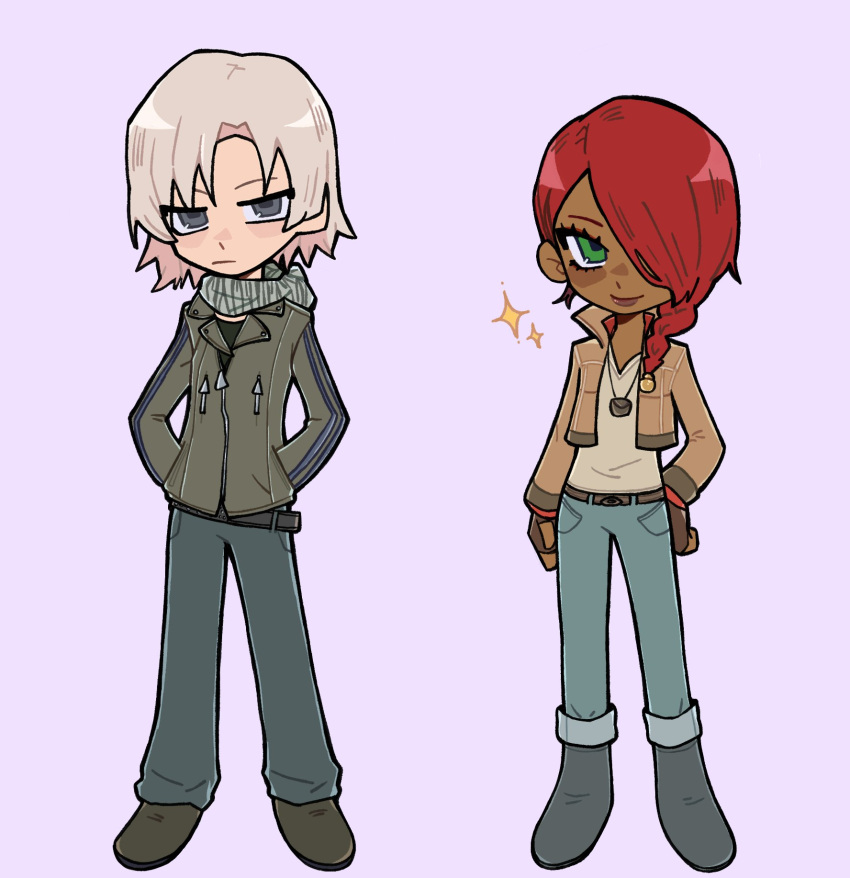 1boy, 1girl, arm_at_side, belt, black_belt, black_shirt, blue_pants, boots