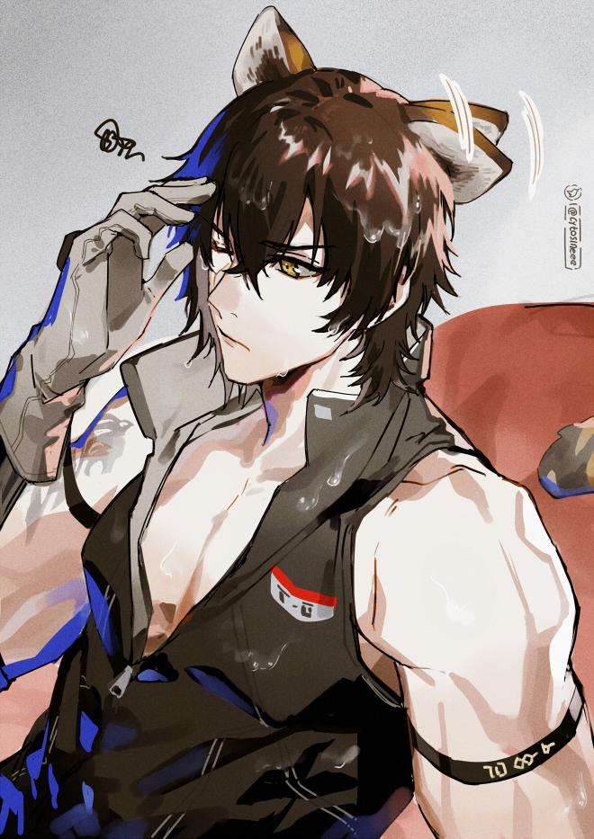 1boy, animal_ears, arknights, bishounen, black_hair, broca_(arknights), brown_hair, cat_boy