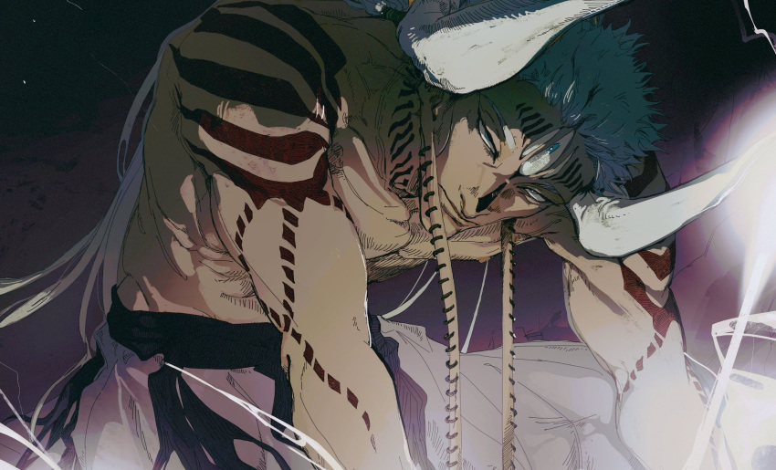 1boy, arm_tattoo, closed_mouth, commentary, dabura_(jujutsu_kaisen_modulo), facial_tattoo, hashtag-only_commentary, highres, horns, jujutsu_kaisen, jujutsu_kaisen_modulo, long_earlobes, male_focus, solo, tattoo, topless_male, upper_body, zeiame