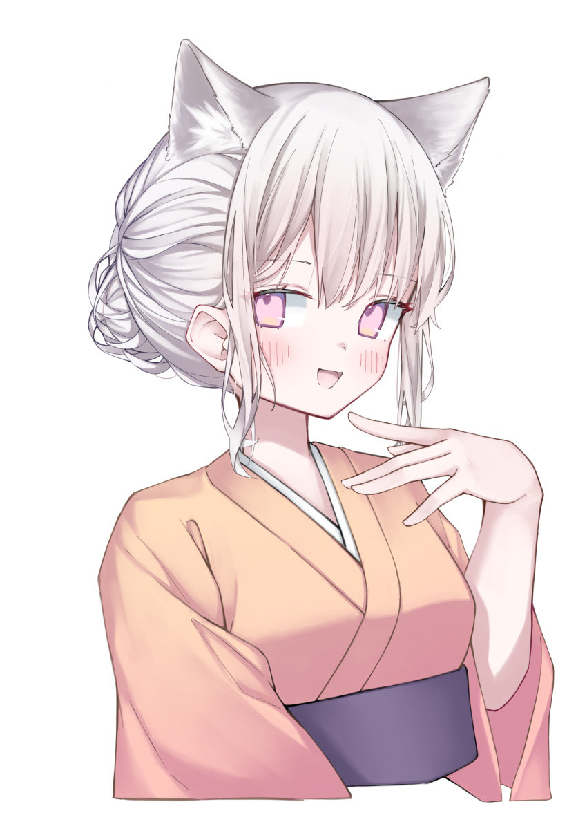 1girl, :d, absurdres, animal_ear_fluff, animal_ears, black_sash, blush, cat_ears