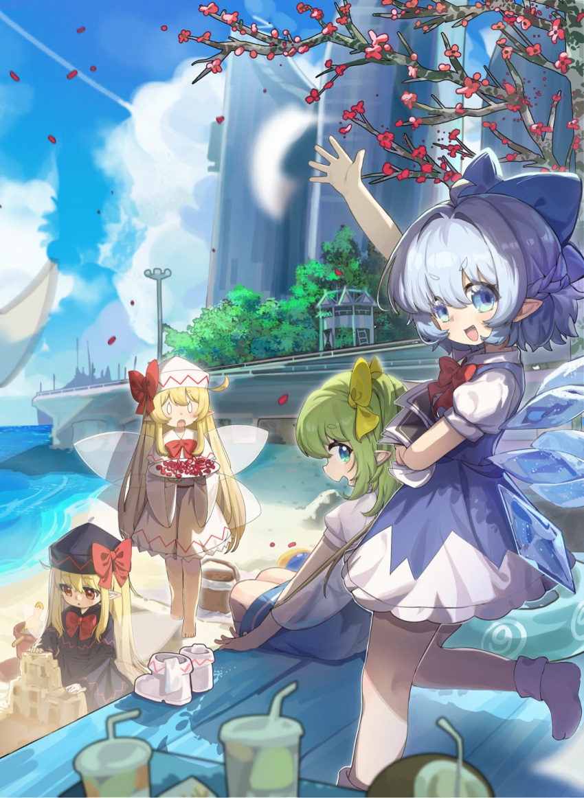 4girls, beach, black_capelet, black_dress, black_hat, blonde_hair, blue_bow, blue_dress