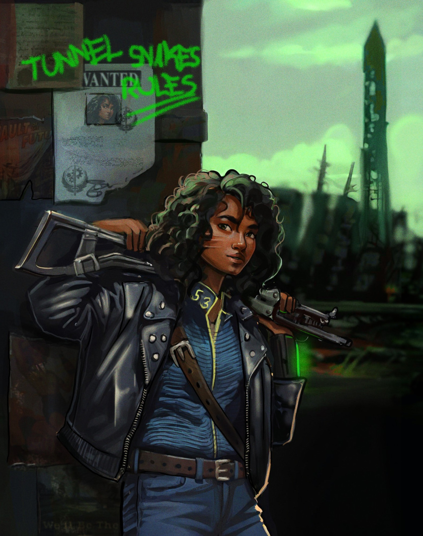 1girl, assault_rifle, belt, black_hair, black_jacket, bodysuit, brick_wall, cityscape