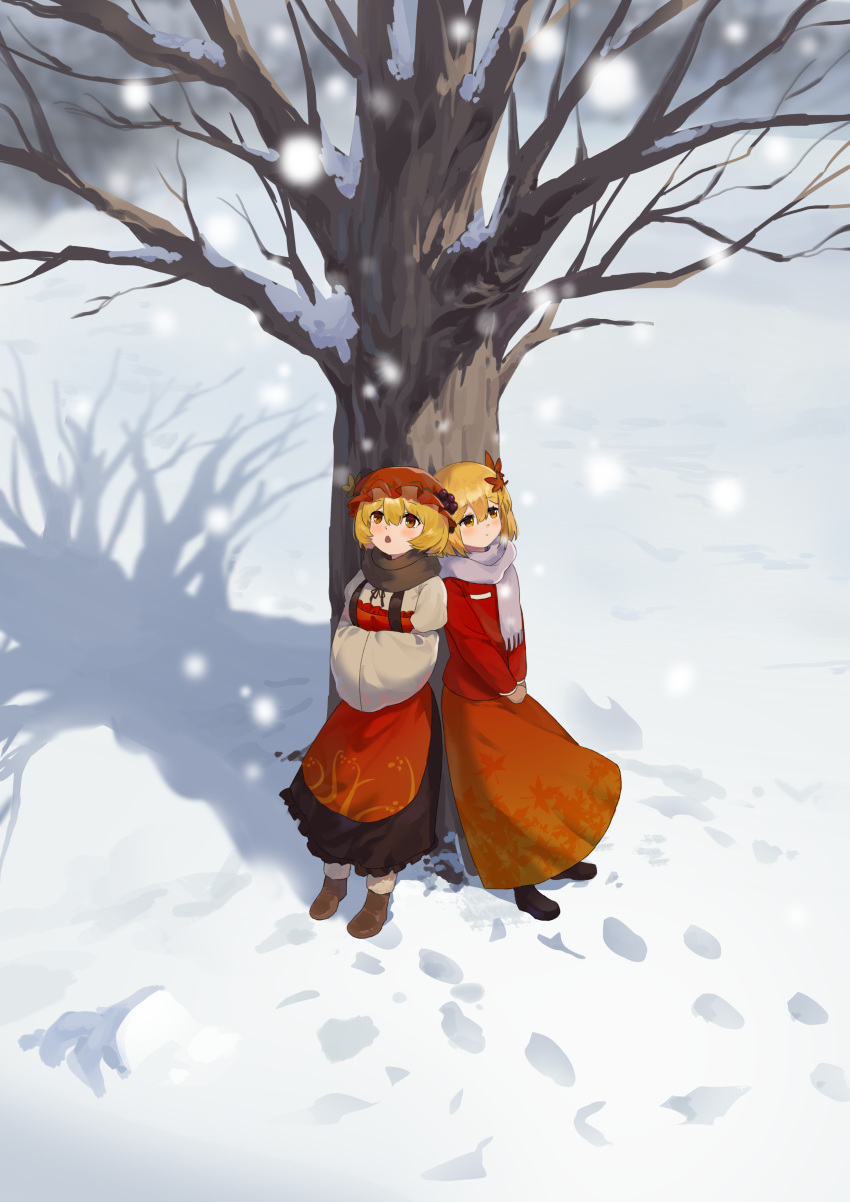 2girls, absurdres, aki_minoriko, aki_shizuha, apron, bare_tree, black_skirt, blonde_hair