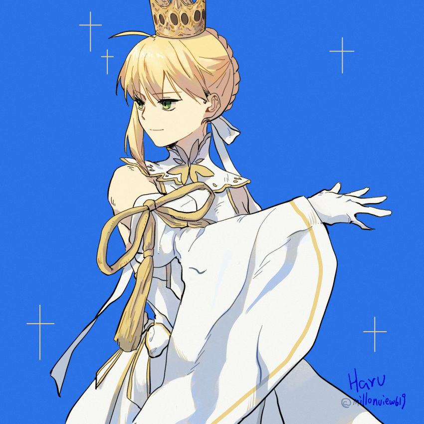 1girl, absurdres, ahoge, artoria_pendragon_(fate), bare_shoulders, blonde_hair, bow, commentary_request