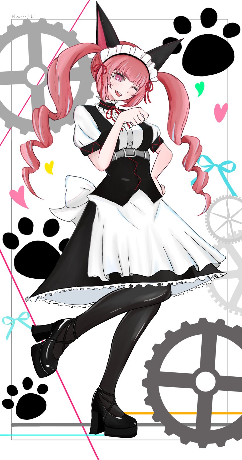 1girl, absurdres, akiha_rumiho, animal_ears, apron, black_dress, choker, commentary_request