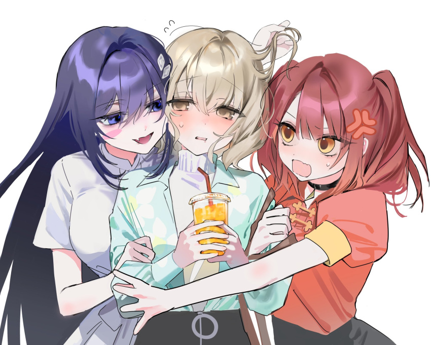 3girls, after_kiss, anger_vein, arm_hug, black_choker, blue_eyes, blue_shirt, blush