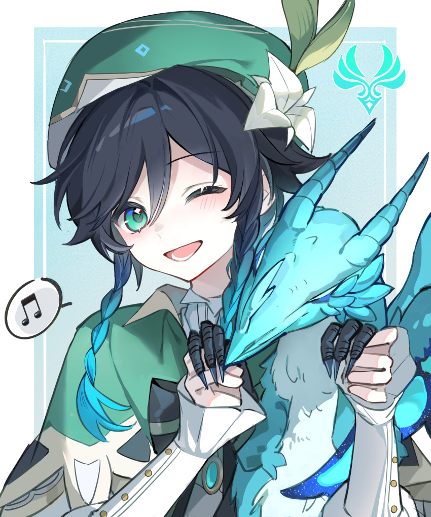 1boy, ;d, absurdres, anemo_symbol_(genshin_impact), beret, black_hair, blue_hair, blush